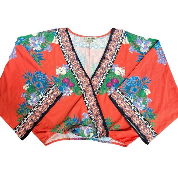 Flying Tomato Tops - Flying Tomato Orange Floral Kimono Sleeve Surplice Cropped Top Blouse S